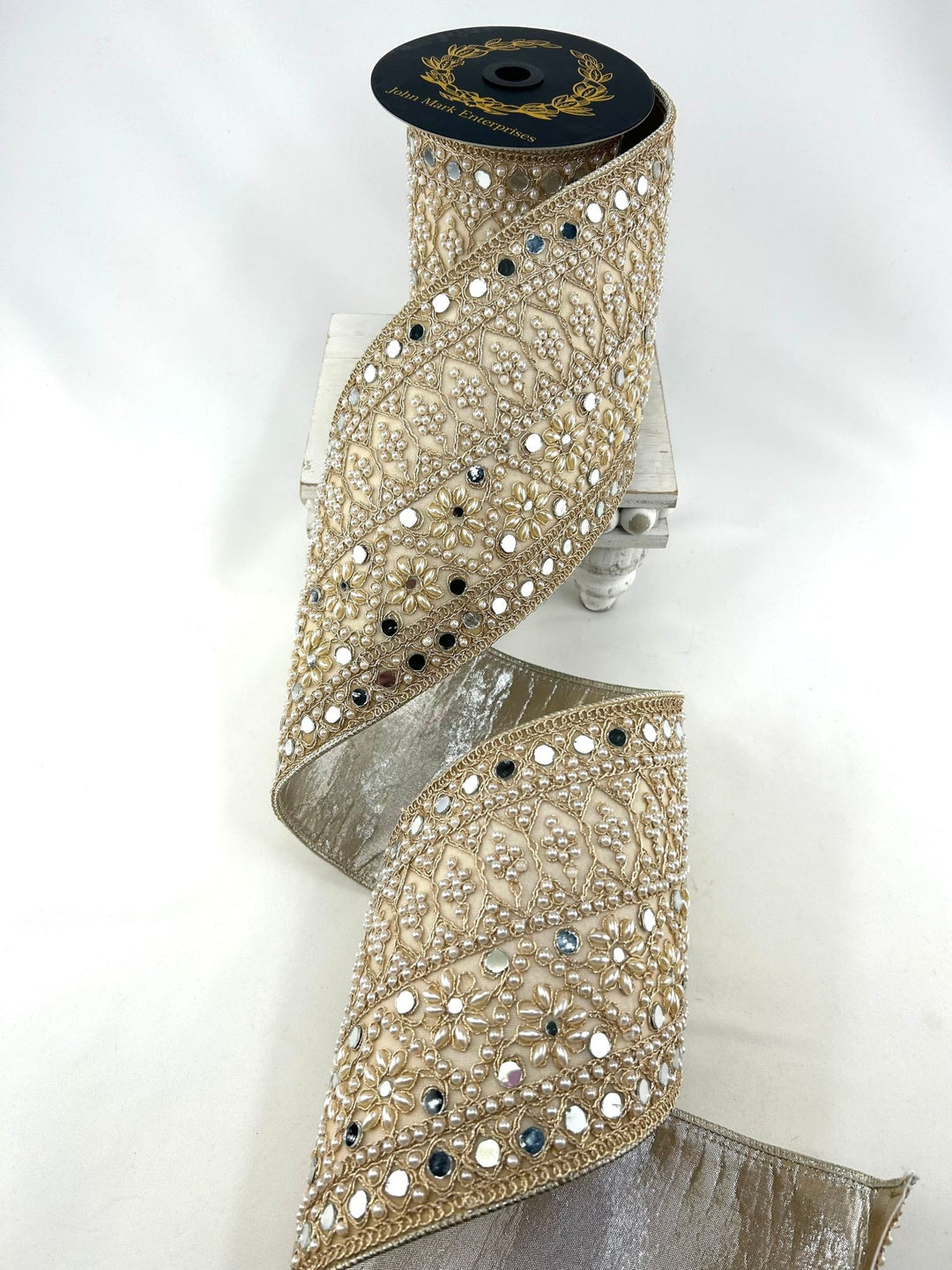 John Mark, Jeweled Pearl Mirror Dupion Wired Ribbon - 5” - Greenery MarketWired RibbonJME-WN25-076-GOLD-5