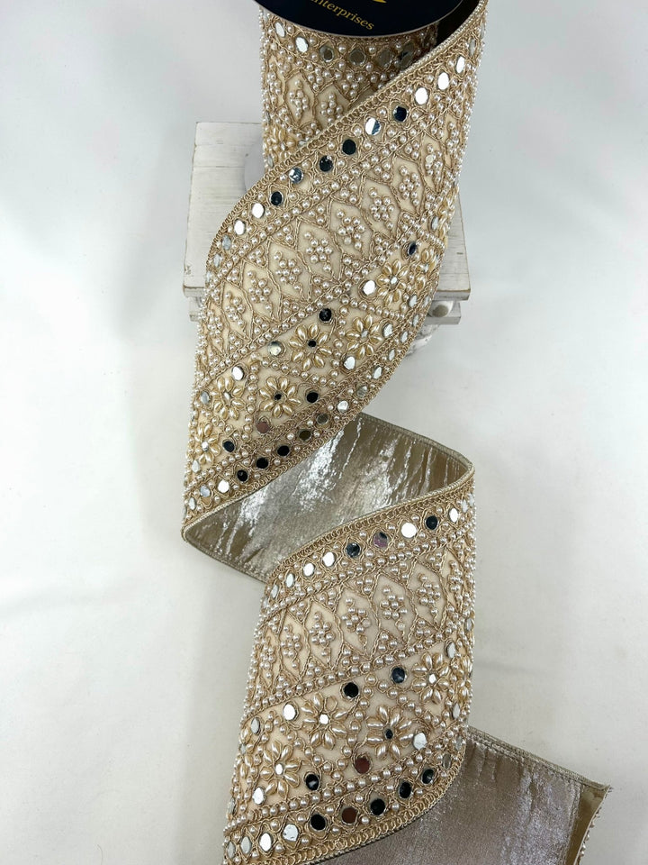 John Mark, Jeweled Pearl Mirror Dupion Wired Ribbon - 5” - Greenery MarketWired RibbonJME-WN25-076-GOLD-5