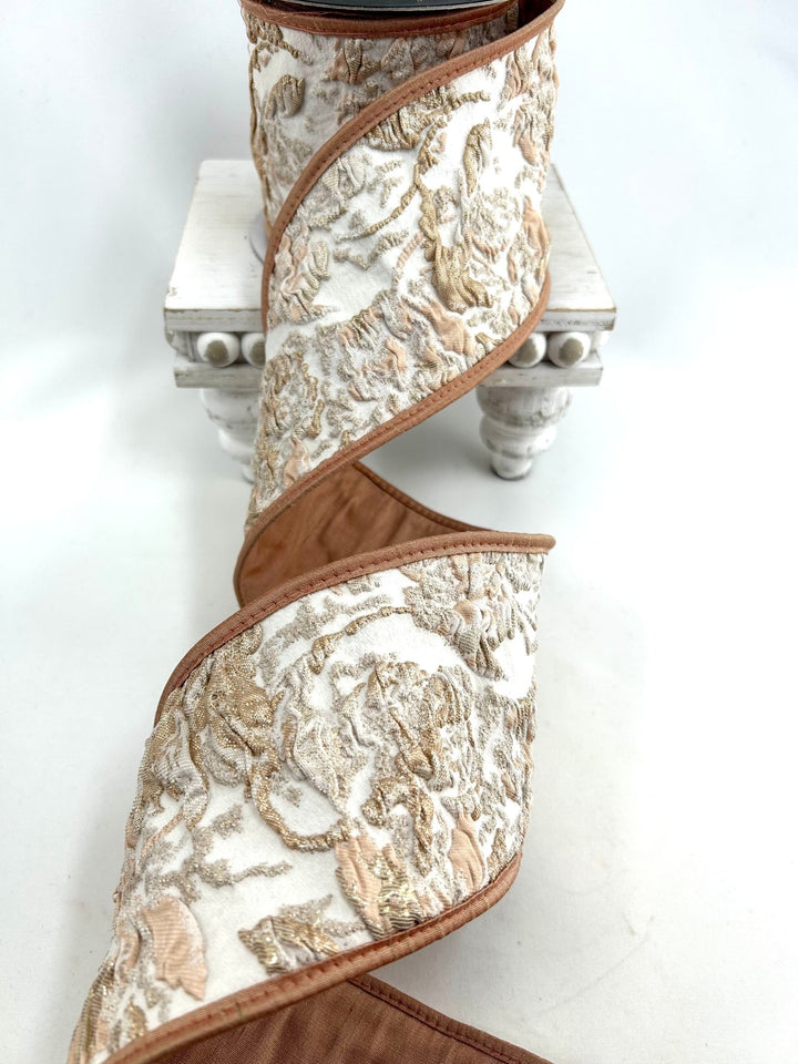John Mark, Peach Leaves, Jacquard Wired Ribbon - 4" - Greenery MarketWired RibbonJME-WN25-143-PEACH-4