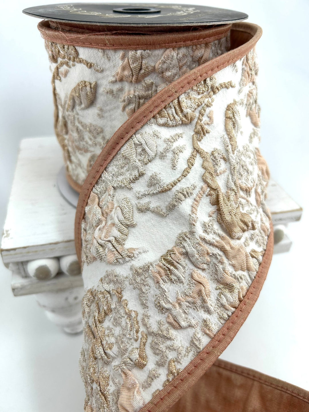 John Mark, Peach Leaves, Jacquard Wired Ribbon - 4" - Greenery MarketWired RibbonJME-WN25-143-PEACH-4