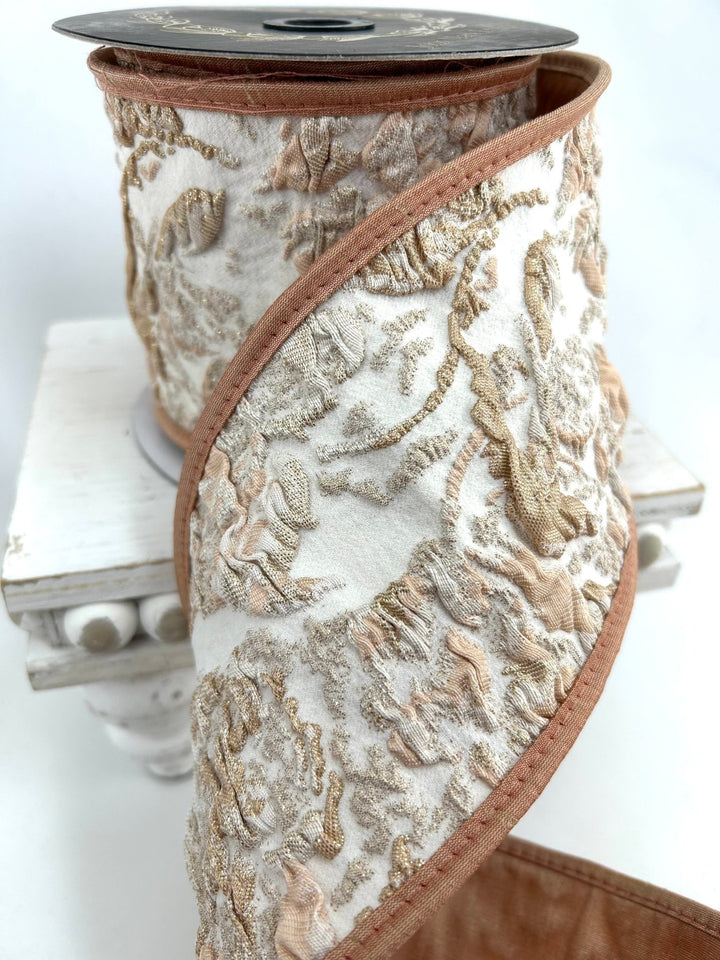 John Mark, Peach Leaves, Jacquard Wired Ribbon - 4" - Greenery MarketWired RibbonJME-WN25-143-PEACH-4