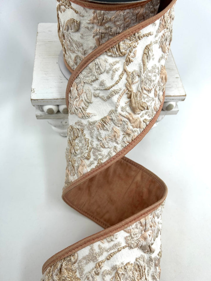 John Mark, Peach Leaves, Jacquard Wired Ribbon - 4" - Greenery MarketWired RibbonJME-WN25-143-PEACH-4