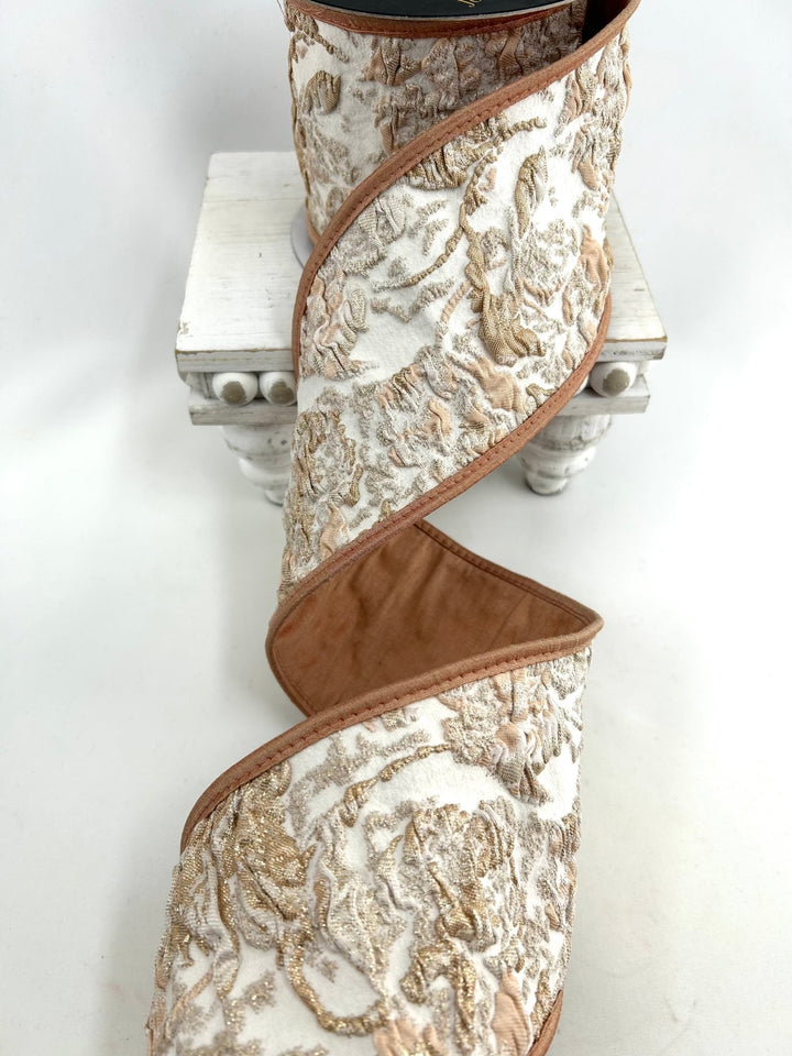 John Mark, Peach Leaves, Jacquard Wired Ribbon - 4" - Greenery MarketWired RibbonJME-WN25-143-PEACH-4