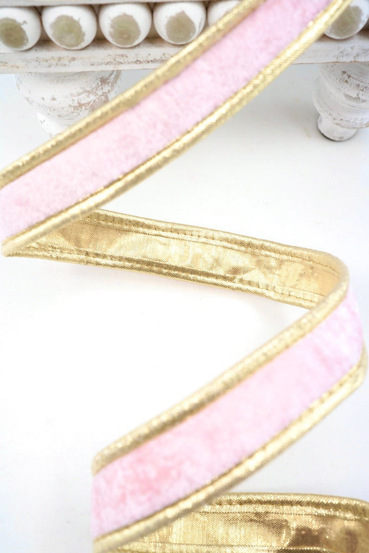 John Mark, Pink & Gold Velvet Metallic Dupion Piping Wired Ribbon - 1" - Greenery MarketWired RibbonJME-WN25-024-PINK-1