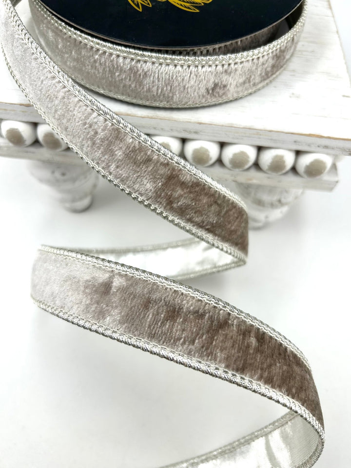 John Mark, Platinum Velvet Metallic Dupion Piping Wired Ribbon - 1" - Greenery MarketWired RibbonJME-WN25-024-PLAT-1