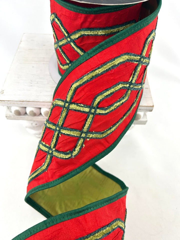 John Mark, Red Embroidered Trellis Wired Ribbon - 4" - Greenery MarketWired RibbonJME-WN25-209-RED-4
