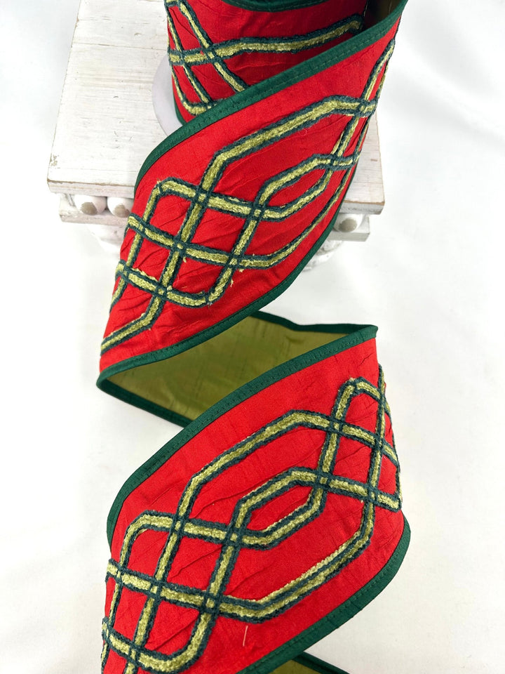 John Mark, Red Embroidered Trellis Wired Ribbon - 4" - Greenery MarketWired RibbonJME-WN25-209-RED-4