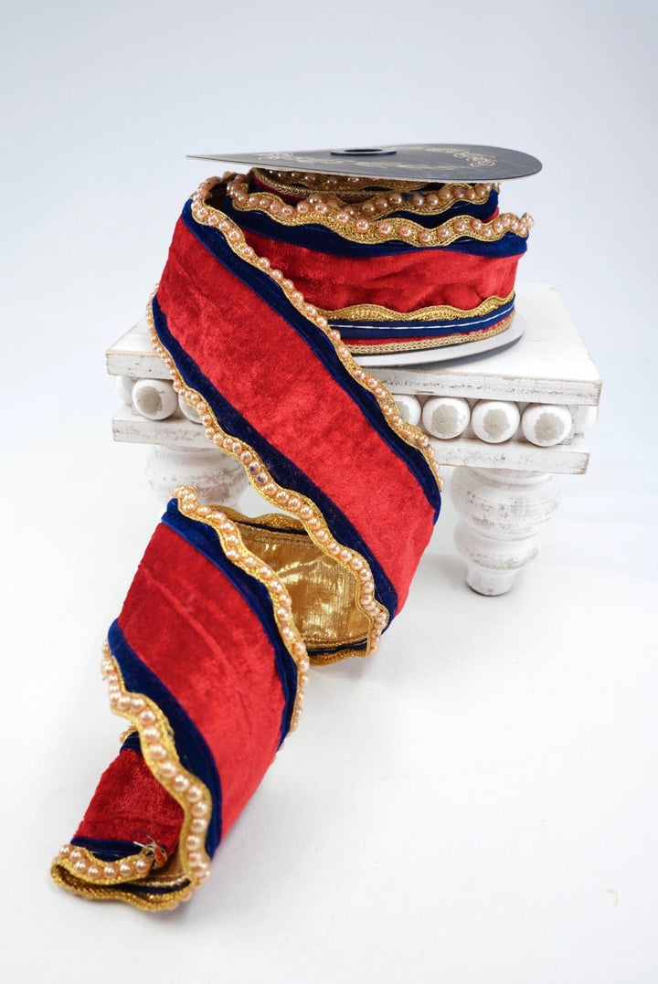 John Mark, Red & Navy, Velvet Beaded Edge Metallic Dupion Wired Ribbon - 2.5" - Greenery MarketWired RibbonJME-WN25-191-RED-2.5