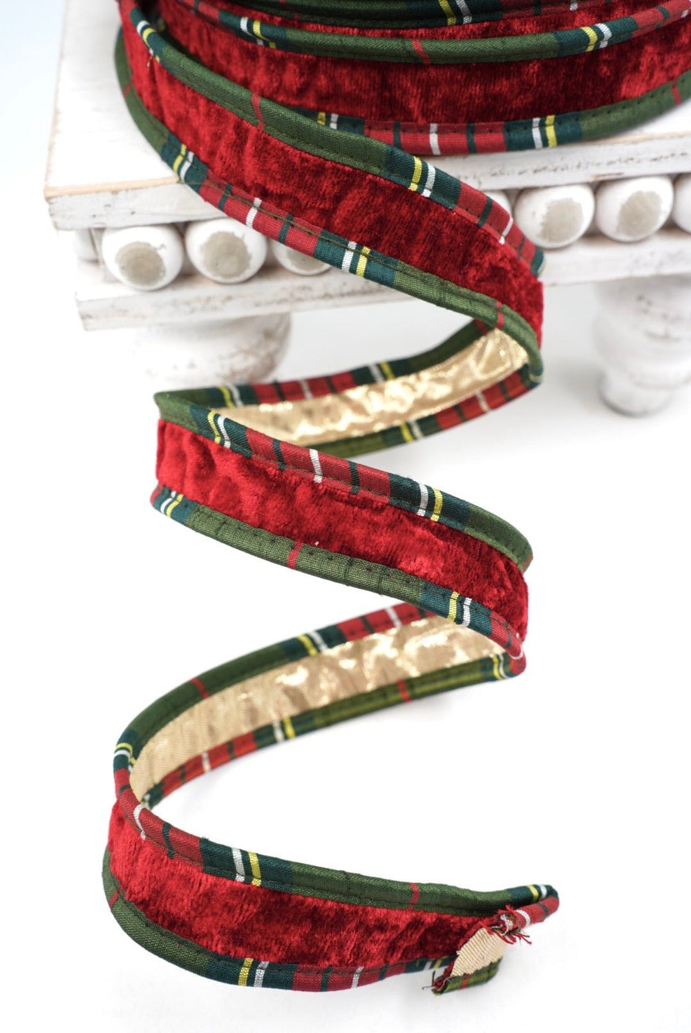 John Mark, Red Velvet And Metallic Dupion Plaid Piping Wired Ribbon - 1" - Greenery MarketWired RibbonJME-WN25-034-RED-1