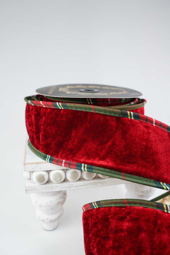 John Mark, Red Velvet And Metallic Dupion Plaid Piping Wired Ribbon - 2.5” - Greenery MarketWired RibbonJME-WN25-034-RED-2.5