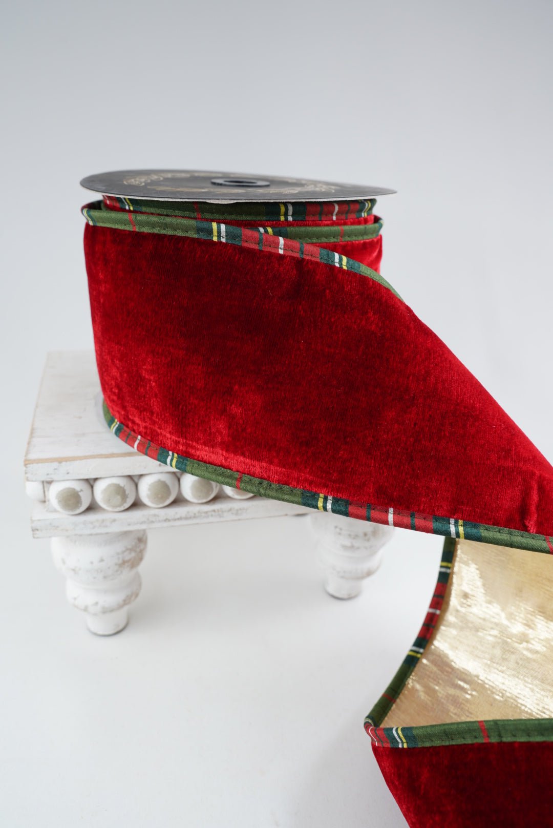 John Mark, Red Velvet And Metallic Dupion Plaid Piping Wired Ribbon - 4” - Greenery MarketWired RibbonJME-WN25-034-RED-4