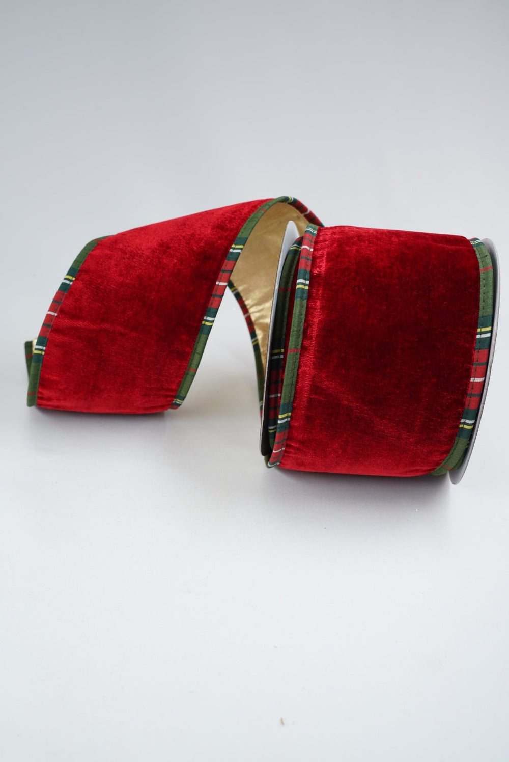 John Mark, Red Velvet And Metallic Dupion Plaid Piping Wired Ribbon - 4” - Greenery MarketWired RibbonJME-WN25-034-RED-4
