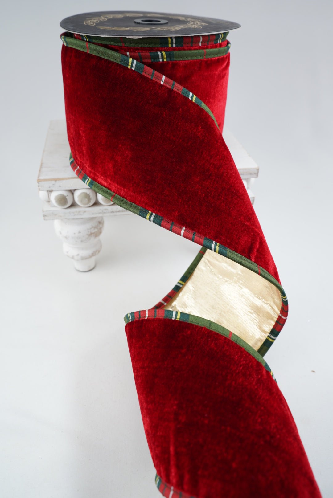 John Mark, Red Velvet And Metallic Dupion Plaid Piping Wired Ribbon - 4” - Greenery MarketWired RibbonJME-WN25-034-RED-4