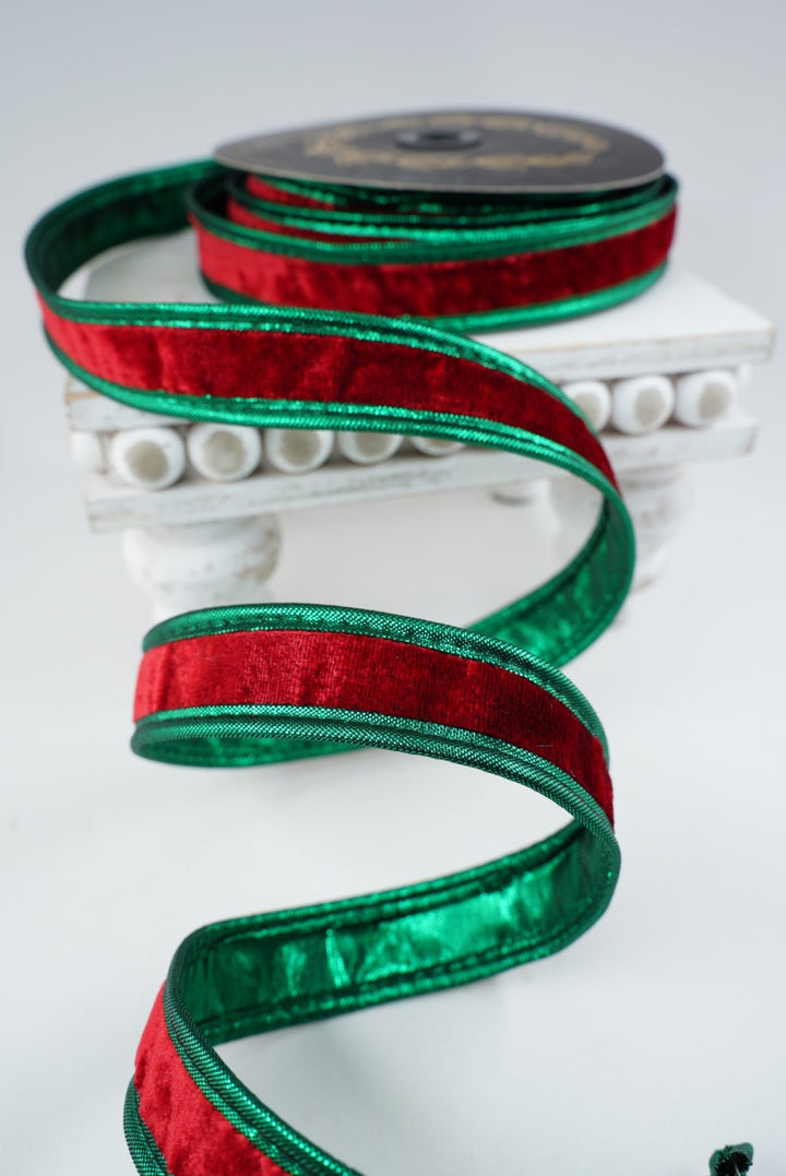 John Mark, Red Velvet With Green Metallic Dupion Piping Wired Ribbon - 1" - Greenery MarketWired RibbonJME-WN25-025-RED-1