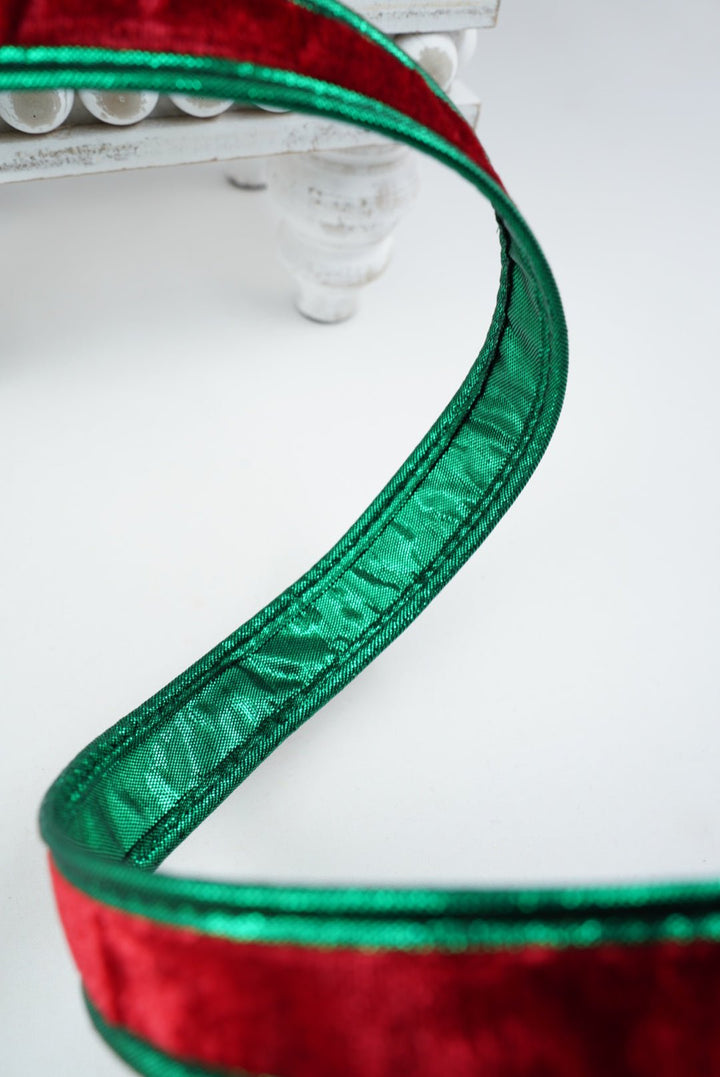 John Mark, Red Velvet With Green Metallic Dupion Piping Wired Ribbon - 1" - Greenery MarketWired RibbonJME-WN25-025-RED-1