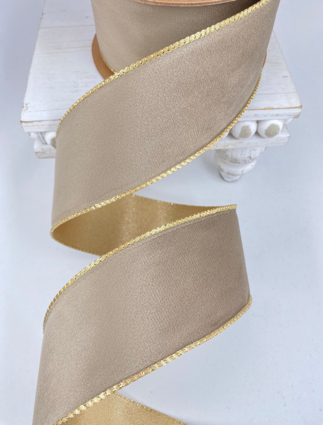 Latte & Gold Reversible Classic Velvet Wired Ribbon - 2.5