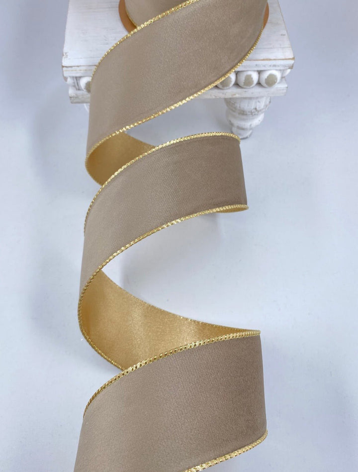 Latte & Gold Reversible Classic Velvet Wired Ribbon - 2.5" - Greenery Market7115W-837-63E