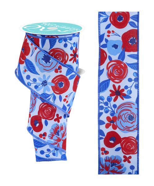 Light Blue, Red, & White Bold Blooms Ribbon - 2.5" - Greenery MarketWired RibbonRGH134014