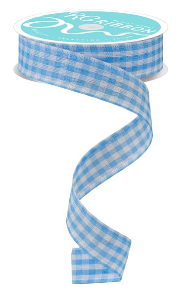 Light Blue & White Gingham Check Ribbon - 7/8" - Greenery MarketWired RibbonRG0704814