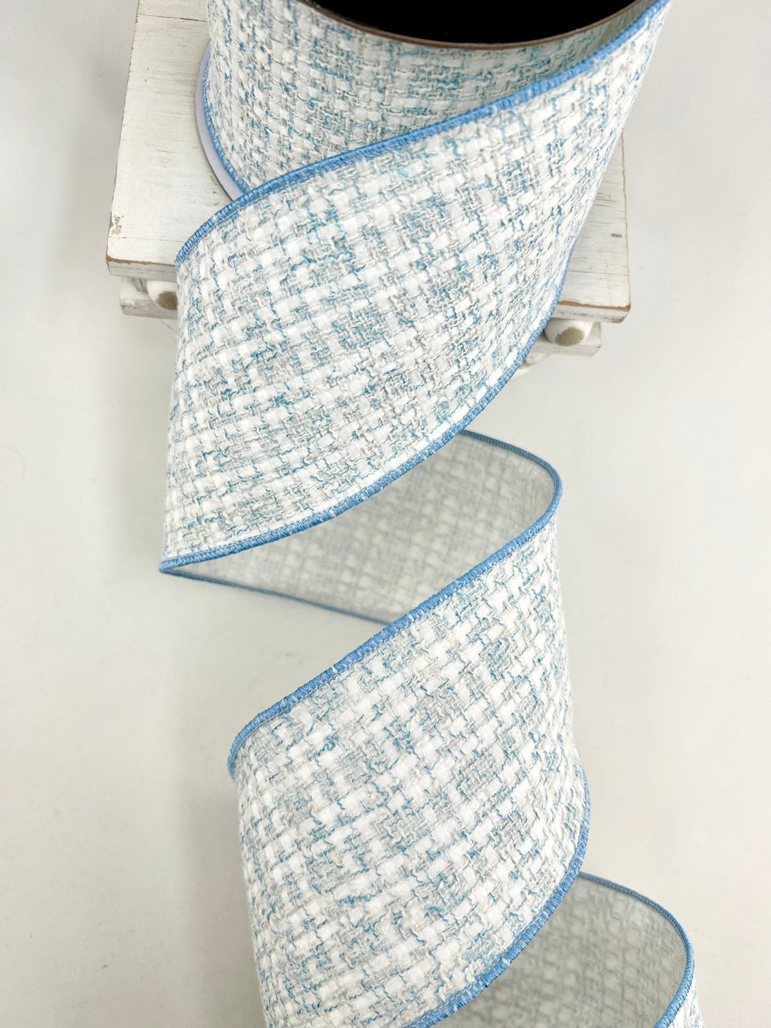 Light Blue & White Wired Tweed Ribbon - 4" - Greenery MarketWired Ribbon215269