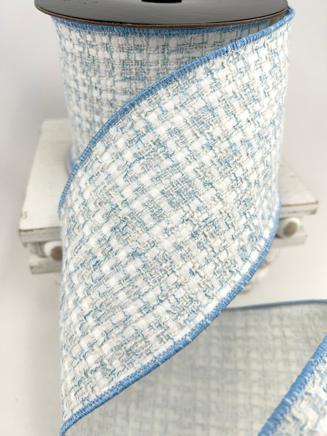Light Blue & White Wired Tweed Ribbon - 4" - Greenery MarketWired Ribbon215269