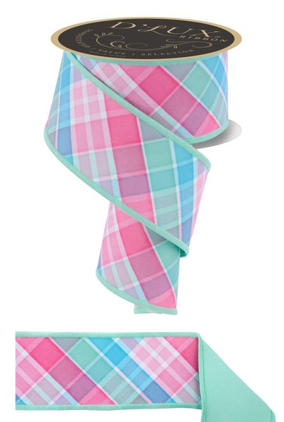 Light Teal, Pink, & Mint Bold Plaid Fused Ribbon - 2.5" - Greenery MarketWired RibbonLX1111YR