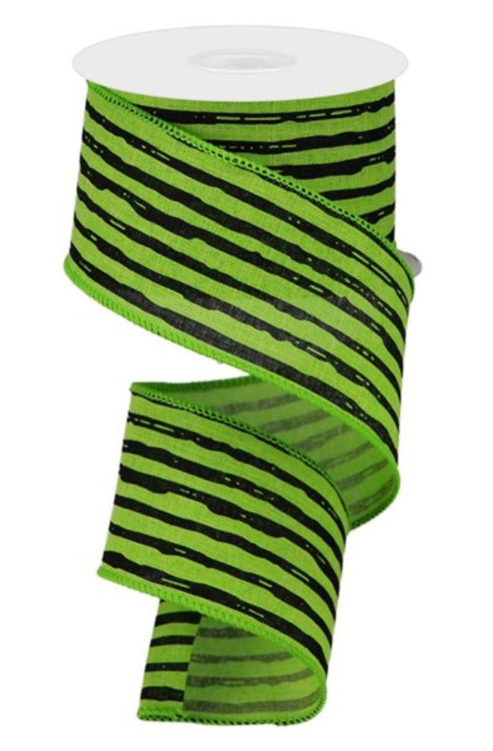 Lime green and black irregular stripe, 2.5” wired ribbon - Greenery MarketWired ribbonRGA1385E9