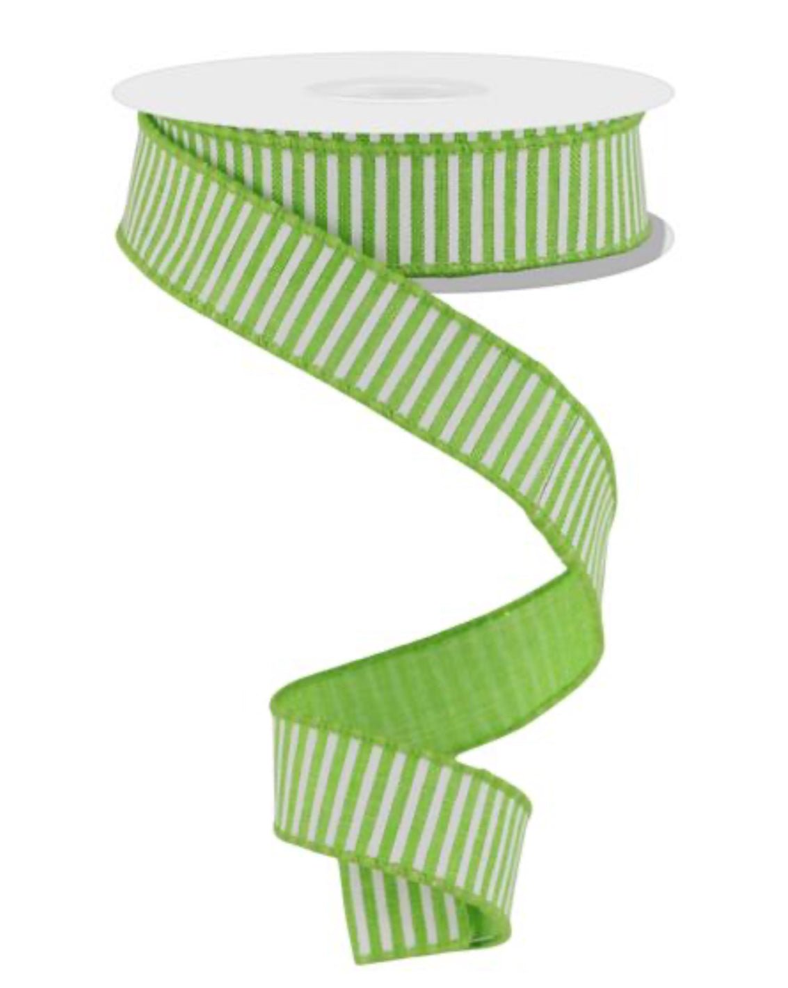 Lime green and white striped skinny wired ribbon, 7/8