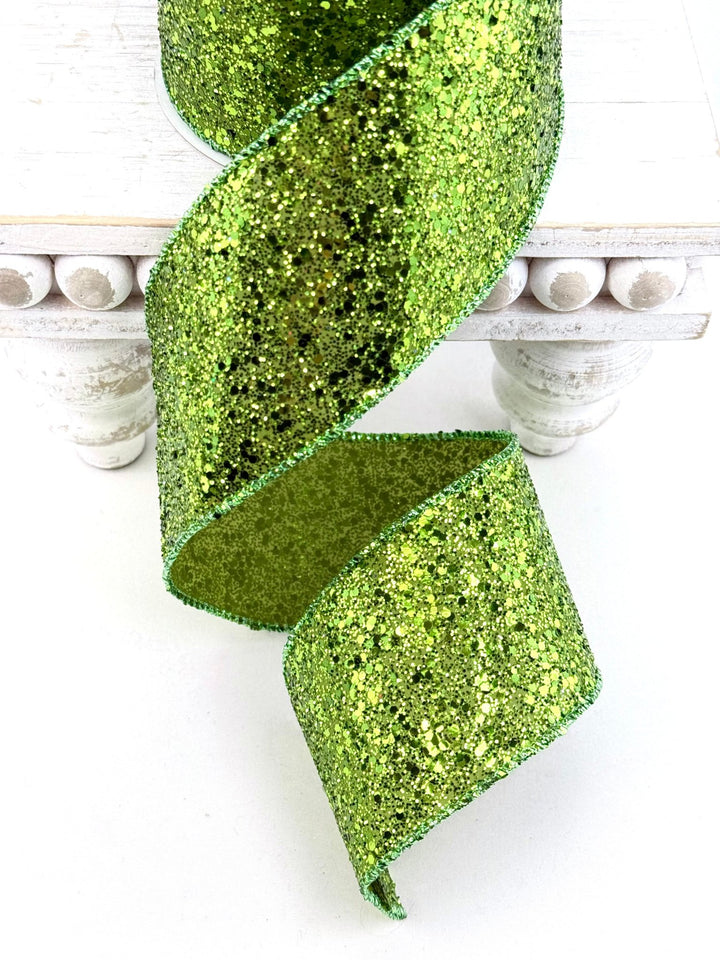 Lime green glittered wired ribbon 2.5” - Greenery MarketRibbons & Trim180233