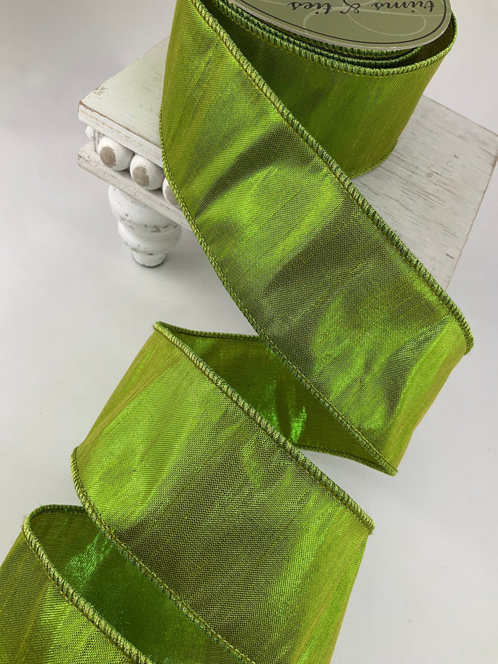 Lime Green Metallic Dupion Wired Ribbon - 2.5" - Greenery MarketRM2720-LM