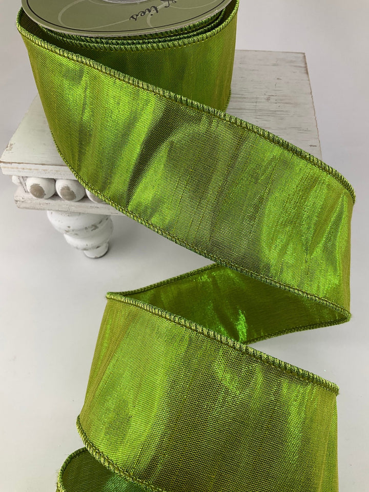 Lime Green Metallic Dupion Wired Ribbon - 2.5" - Greenery MarketRM2720-LM