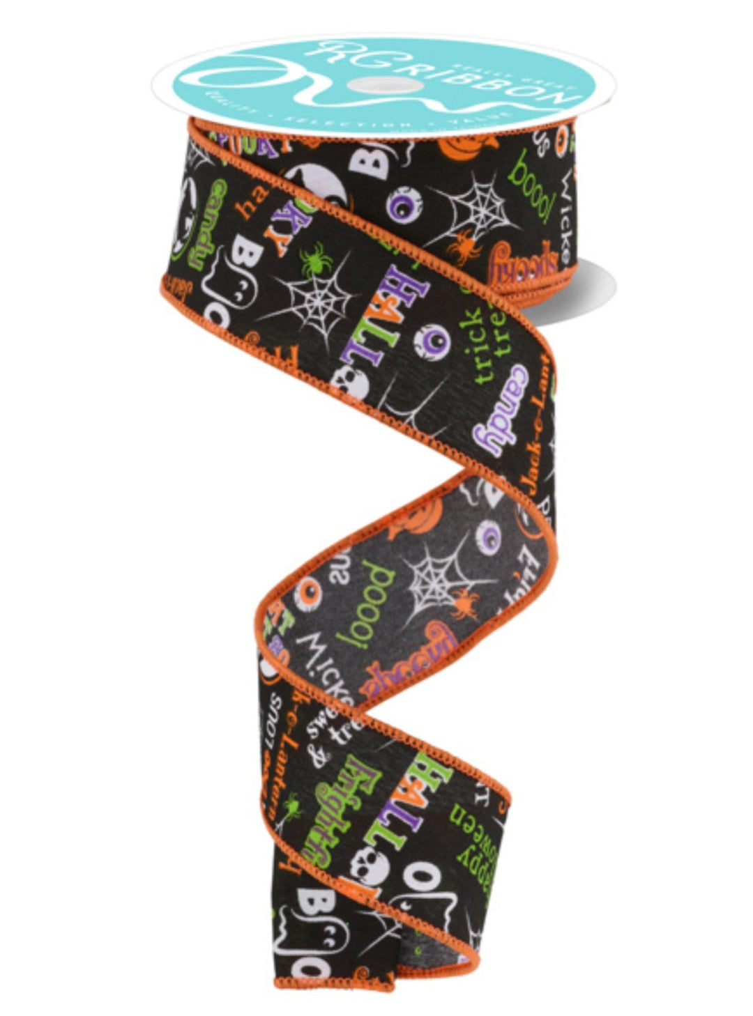 lime green, purple, and orange halloween words ribbon 1.5” - Greenery MarketWired ribbonRGF1304YR