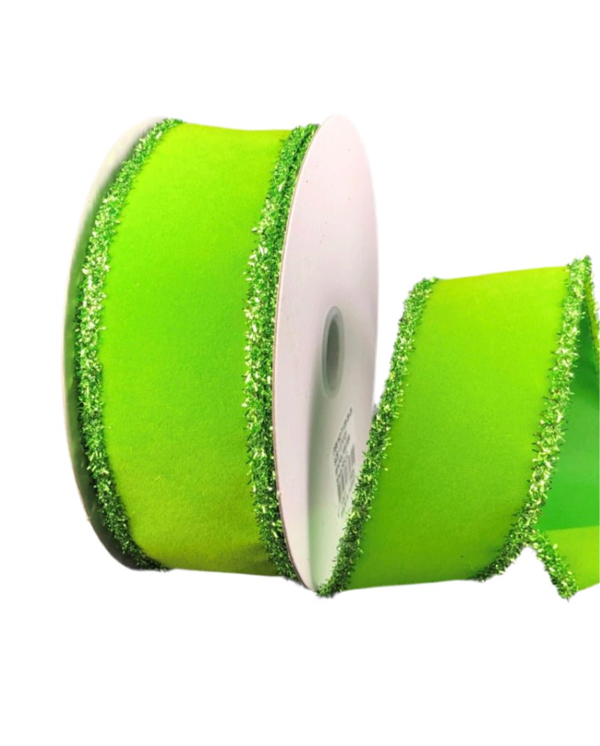 Lime green velvet ribbon with tinsel edge, 1.5" - Greenery MarketWired ribbon71120 - 09 - 29