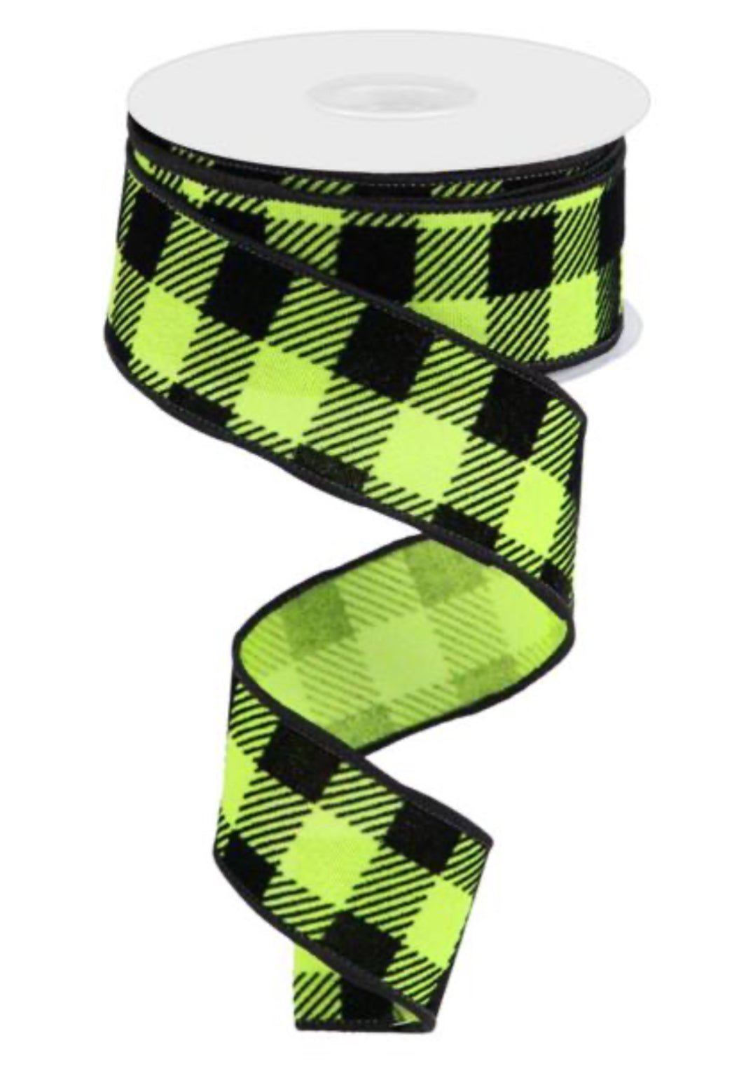 Lime green with black velvet check 1.5” - Greenery MarketWired ribbonRGC181633