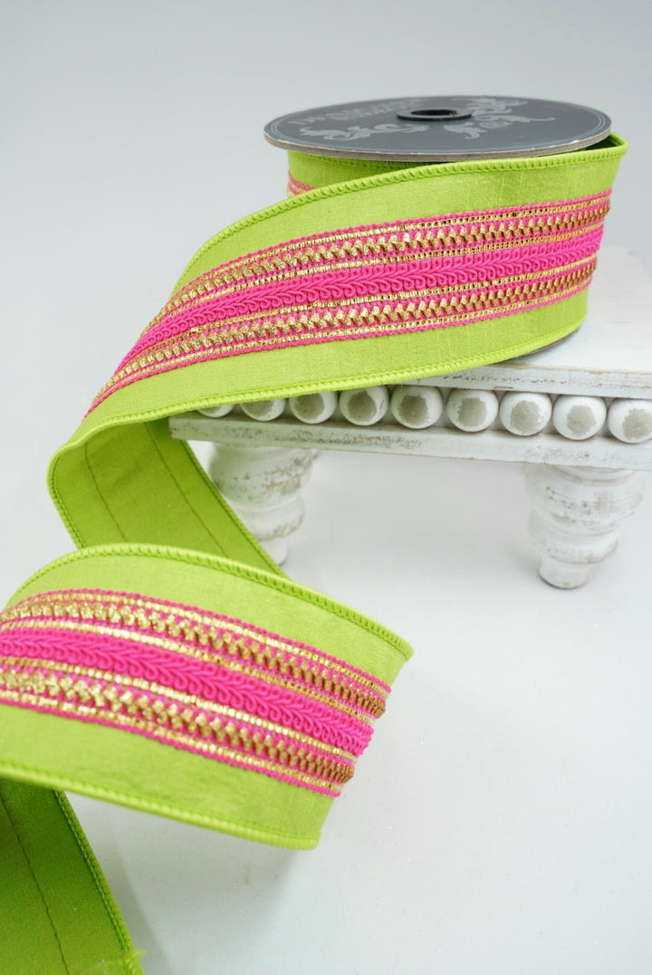 Lime Green With Bright Pink Trim Wired Ribbon 2.5” - Greenery MarketRibbons & Trim94431W-360-40D