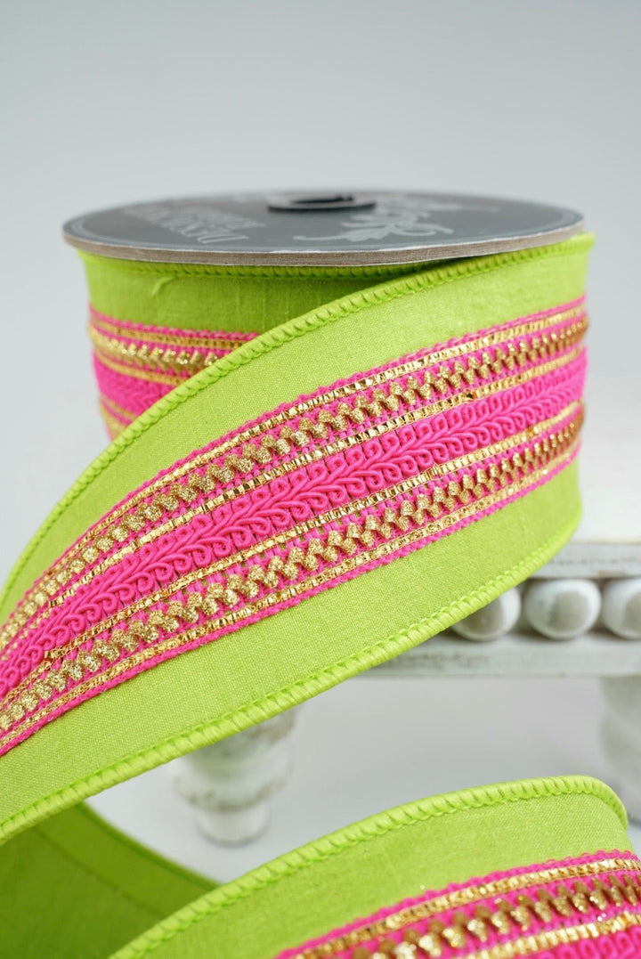 Lime Green With Bright Pink Trim Wired Ribbon 2.5” - Greenery MarketRibbons & Trim94431W-360-40D