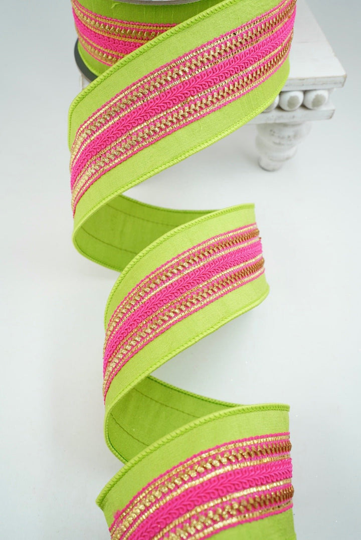 Lime Green With Bright Pink Trim Wired Ribbon 2.5” - Greenery MarketRibbons & Trim94431W-360-40D