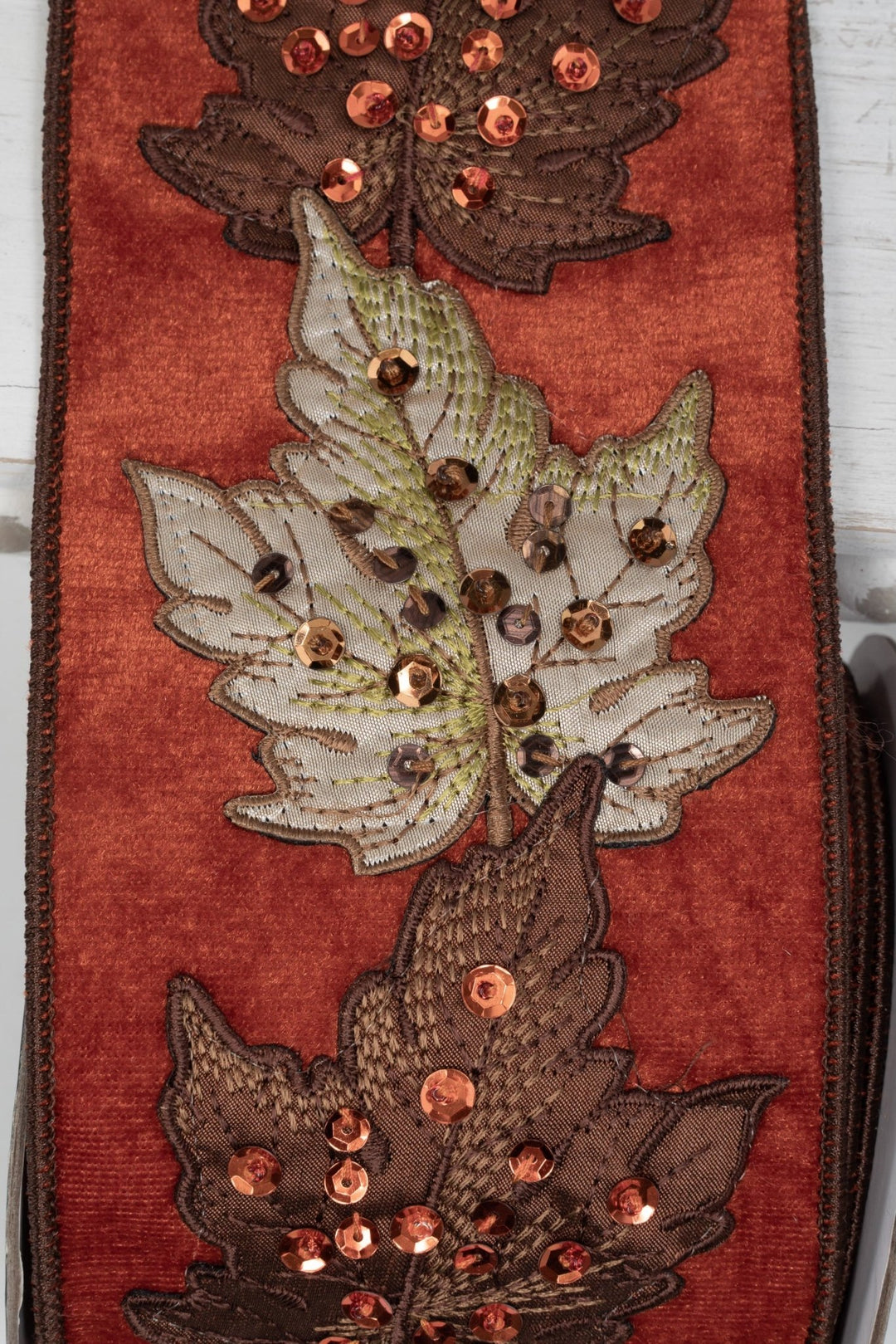 Maple Leaves Embroidered Lux Wired Ribbon - 4" - Greenery Market20-FL488