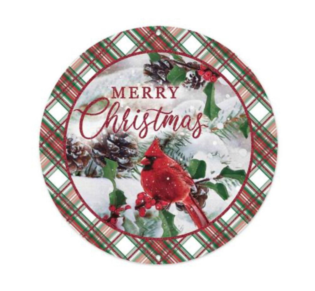 Merry Christmas, cardinal, round metal sign 8” - Greenery MarketChristmasMD1259