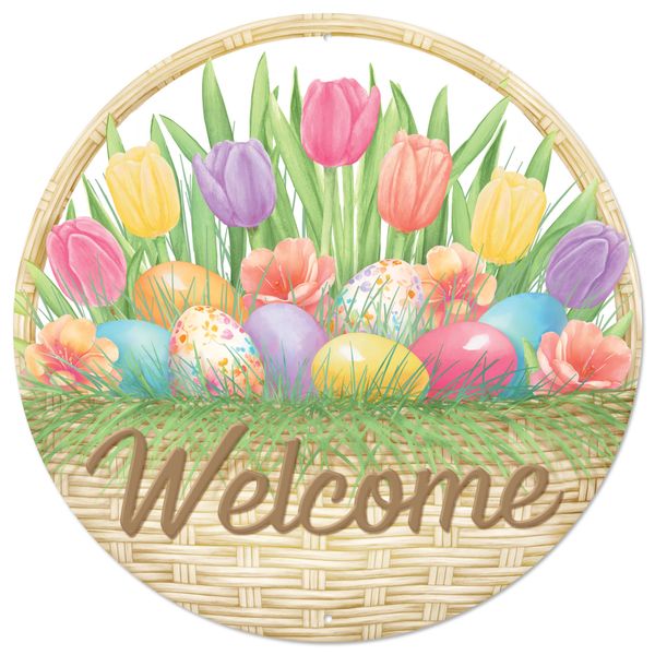 Metal Welcome Basket With Eggs Sign - 12" - Greenery MarketNovelty SignsMD1528