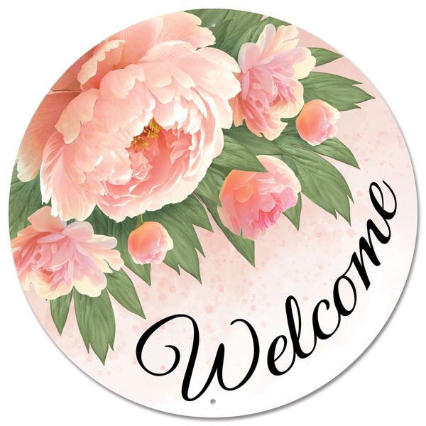 Metal Welcome With Peonies Sign - 12" - Greenery MarketNovelty SignsMD153215