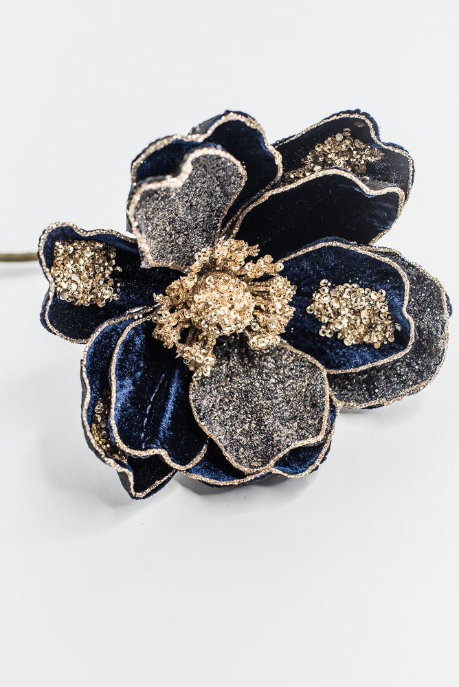 Midnight Blue Glamour Magnolia Spray With Sequin - 20" - Greenery MarketXF670MID