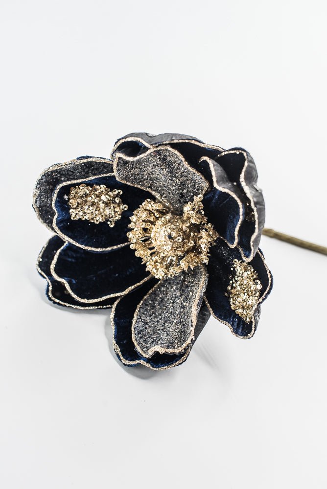Midnight Blue Glamour Magnolia Spray With Sequin - 20" - Greenery MarketXF670MID