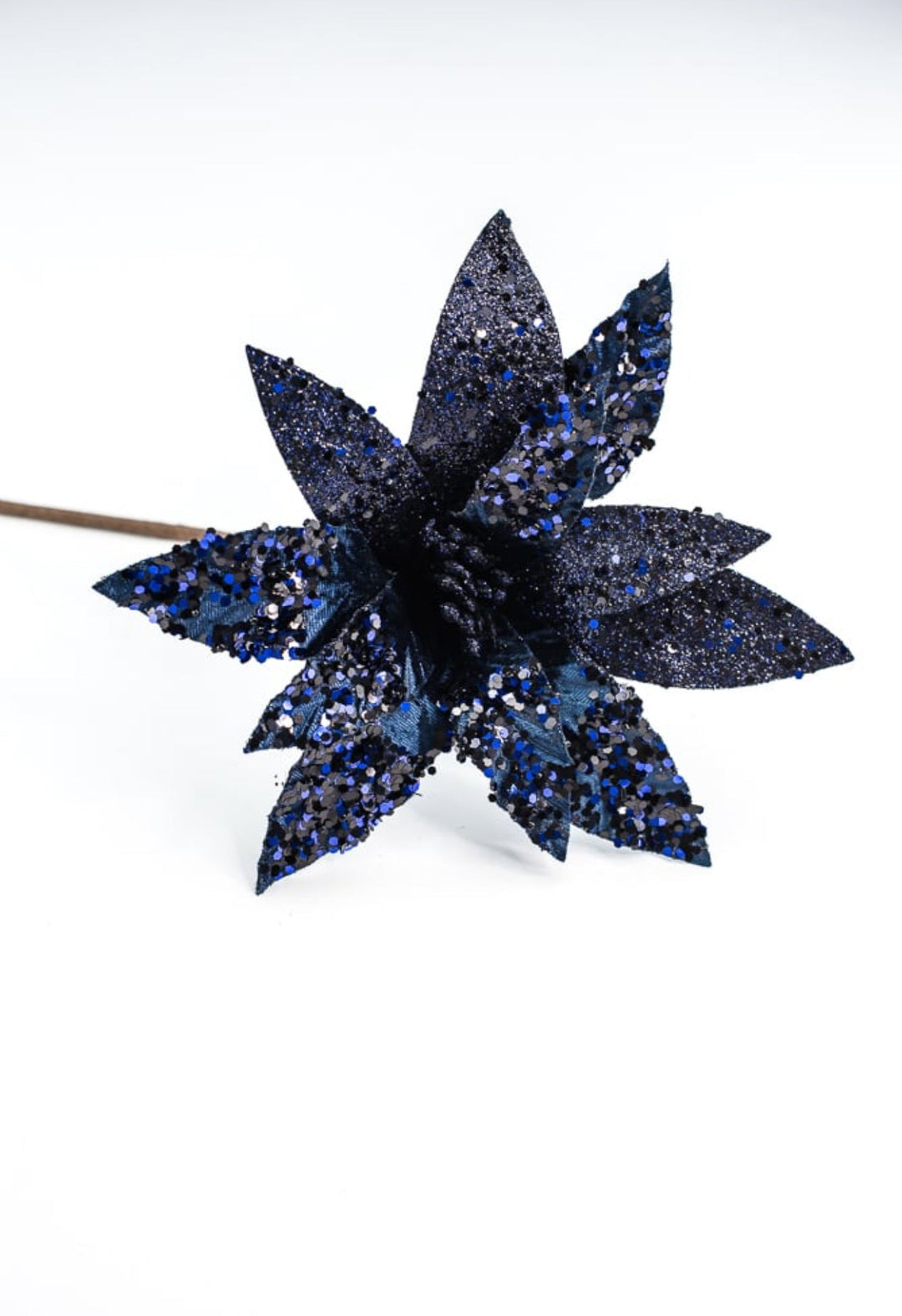 Midnight blue velvet and sequined poinsettia stem - Greenery MarketWinter and ChristmasXS3975