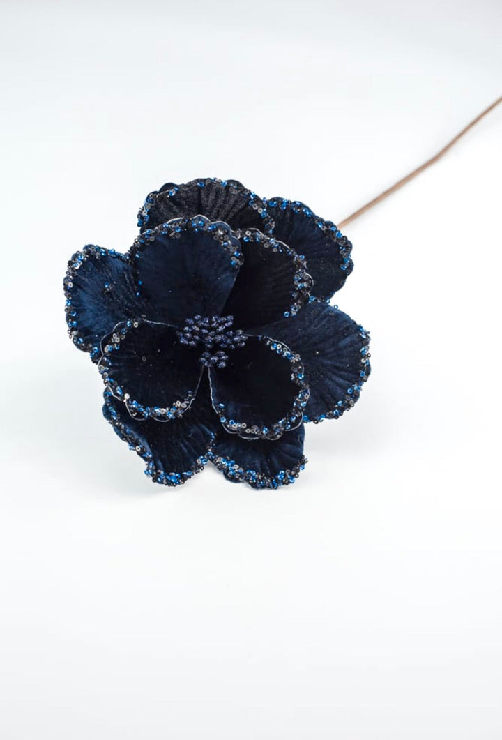 Midnight blue velvet Christmas magnolia stem with beaded edge - Greenery Marketartificial flowersMTX66900 MIDB