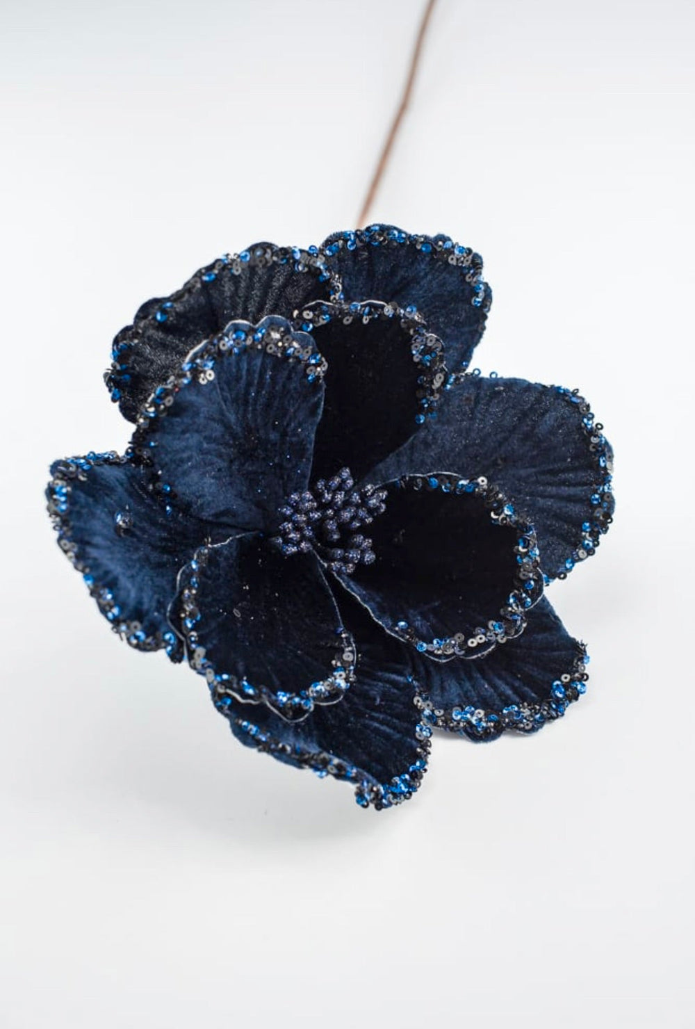 Midnight blue velvet Christmas magnolia stem with beaded edge - Greenery Marketartificial flowersMTX66900 MIDB