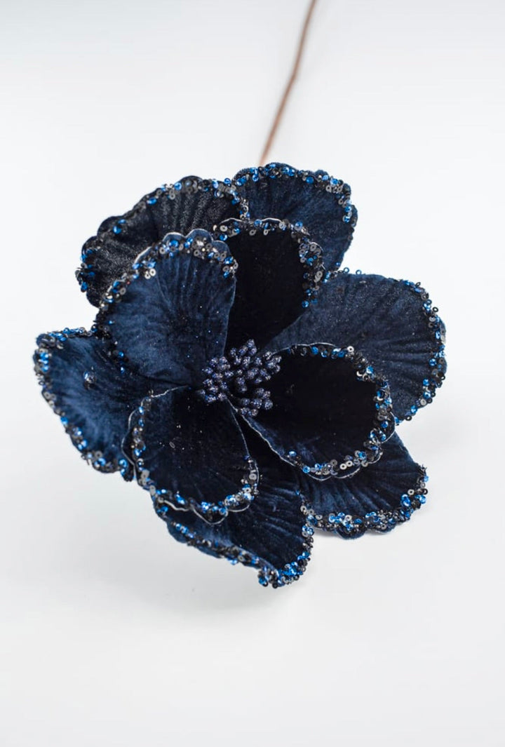 Midnight blue velvet Christmas magnolia stem with beaded edge - Greenery Marketartificial flowersMTX66900 MIDB