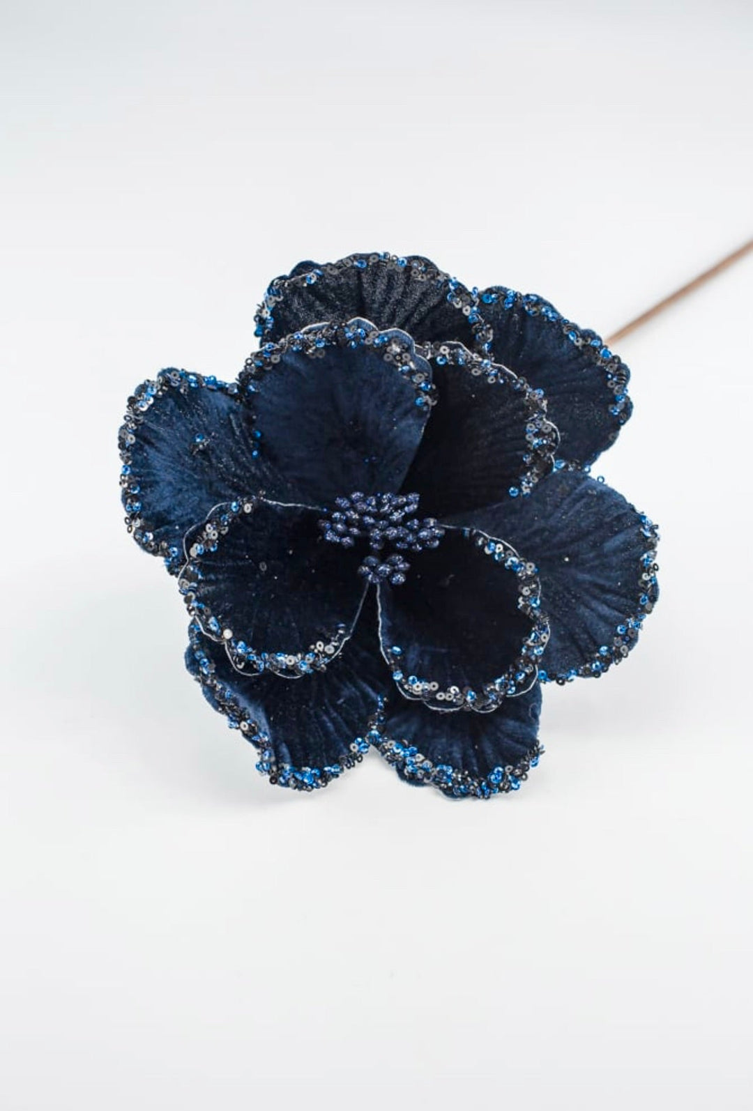 Midnight blue velvet Christmas magnolia stem with beaded edge - Greenery Marketartificial flowersMTX66900 MIDB