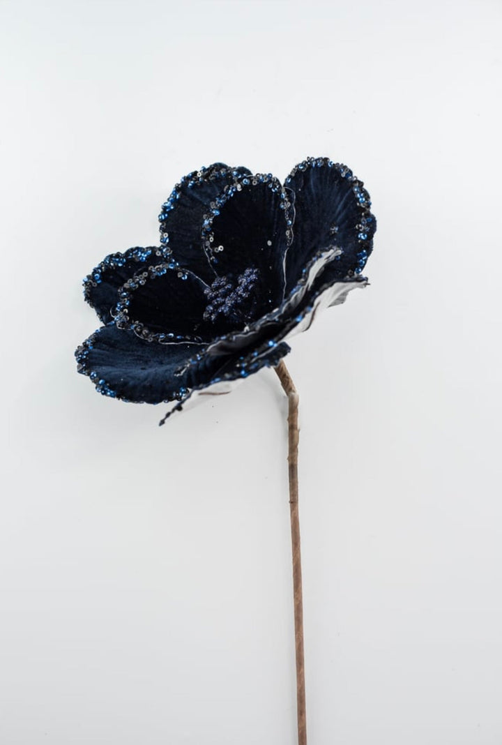 Midnight blue velvet Christmas magnolia stem with beaded edge - Greenery Marketartificial flowersMTX66900 MIDB