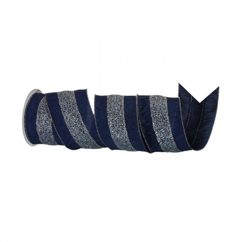 Midnight Blue wired ribbon with silver mesh center 4” - Greenery MarketWired ribbonMTX65018